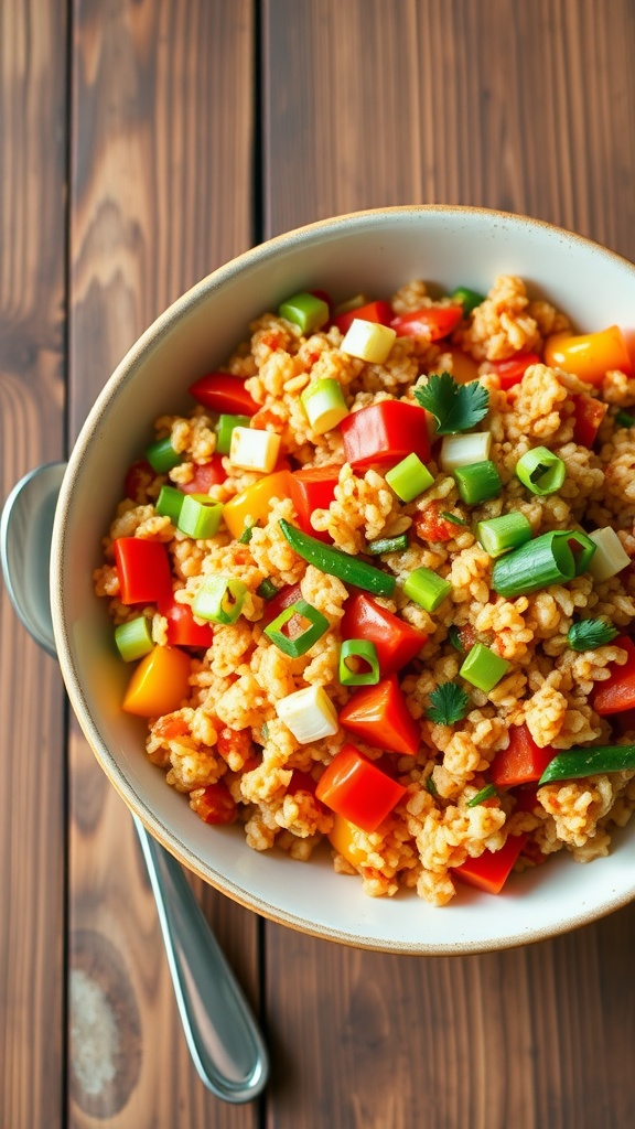 A bowl of colorful quinoa jambalaya with bell peppers and garnished with green onions on a rustic table.